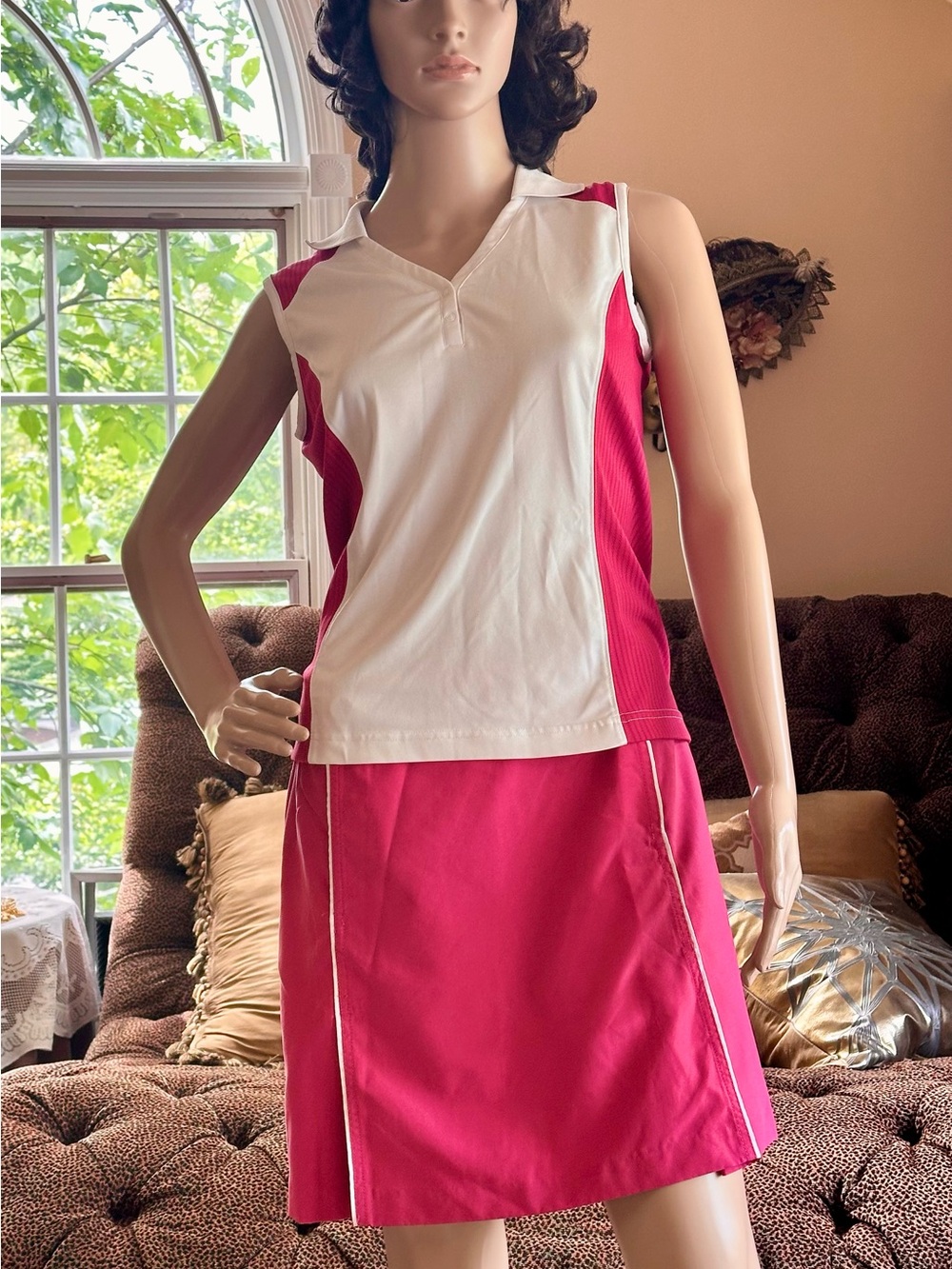 Izod White and Pink Sleeveless Polo Top with Pink Skirt Set